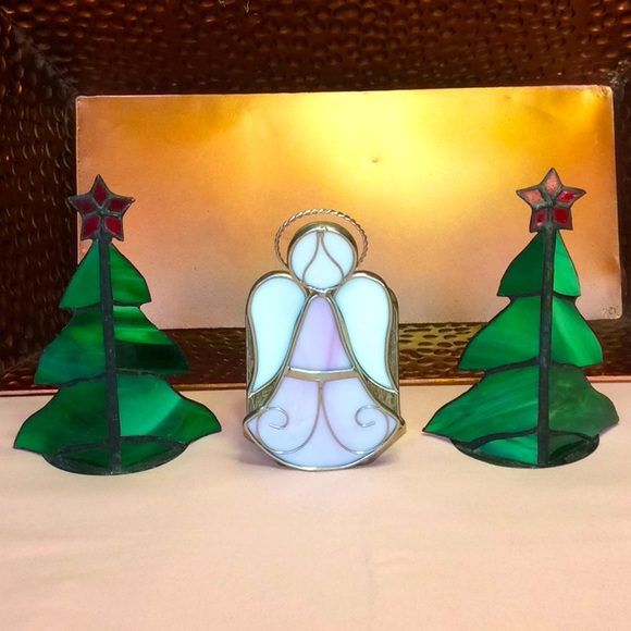 FINAL SALE PRICE Stain Glass Angel & Christmas Tree Votive Holders - Picture 1 of 6